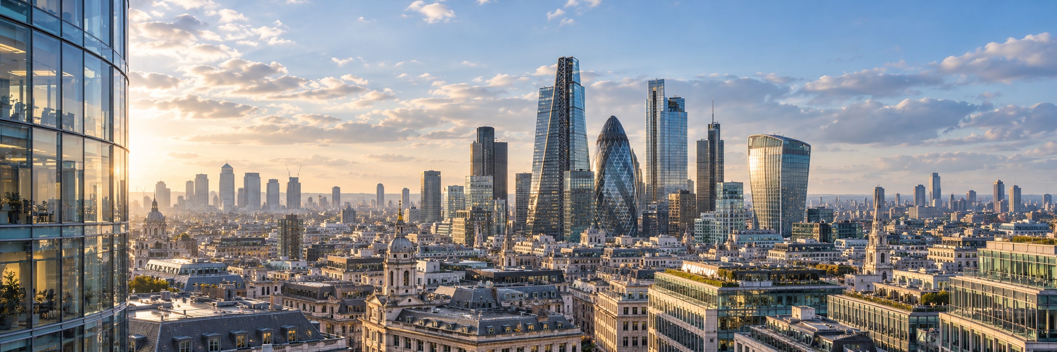 London city skyline with modern office towers in soft morning light