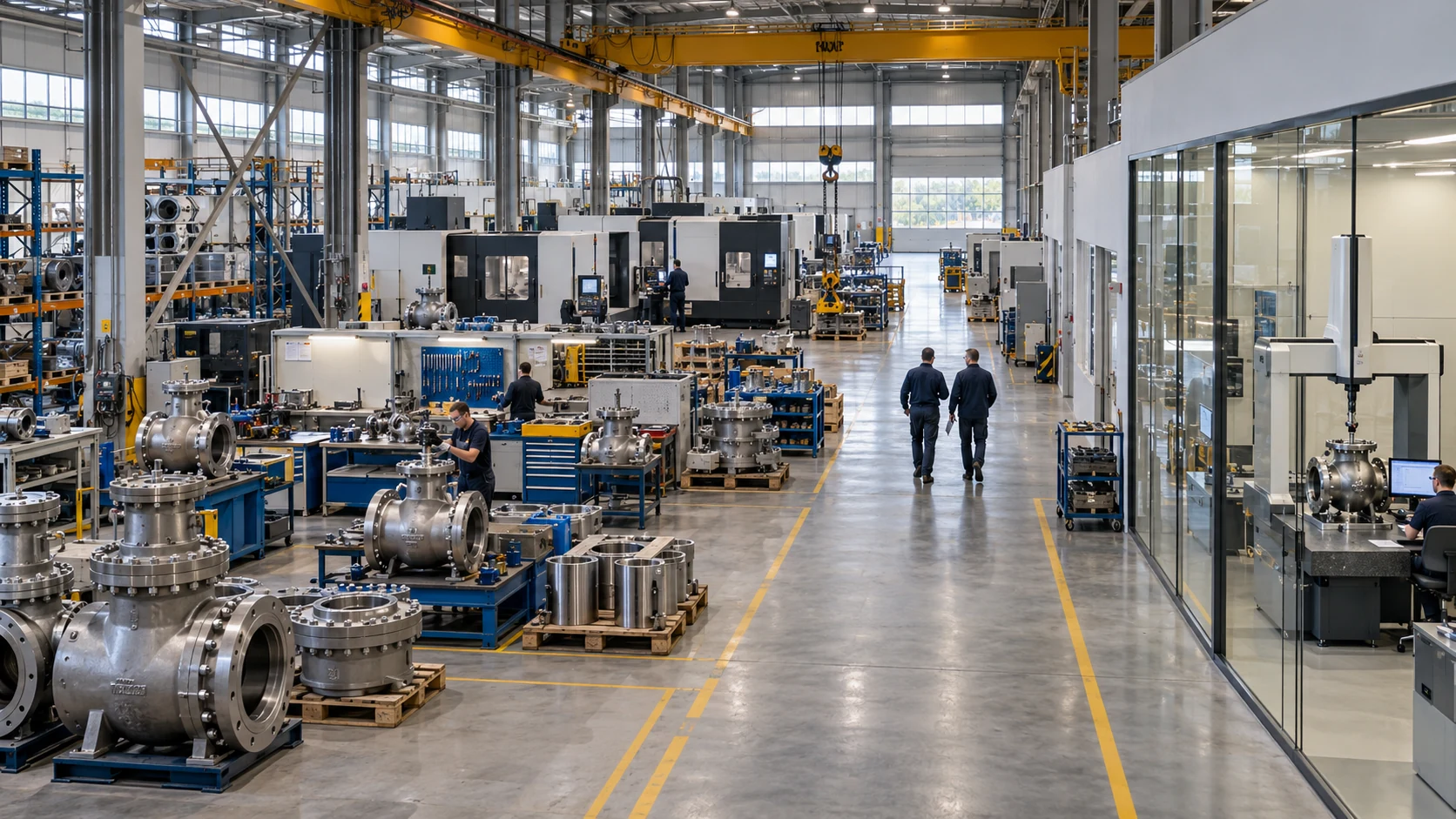 Valve machining and assembly workshop with a glass-fronted quality inspection area