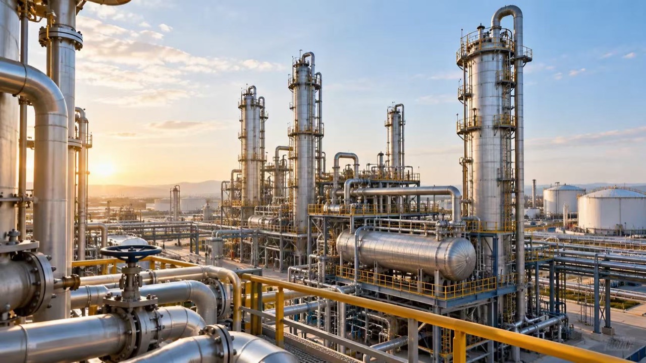 Oil refinery and petrochemical processing towers, pipework and valves